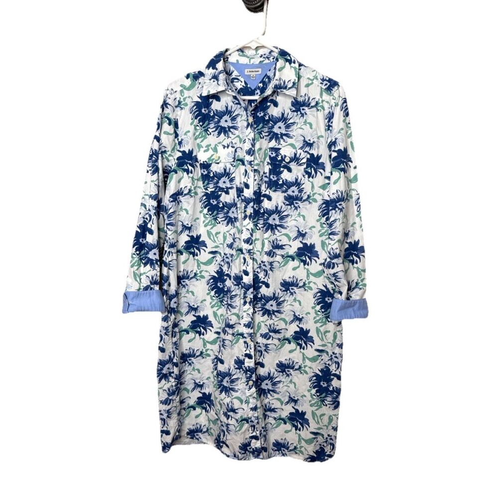 The J Peterman Company Shirt Dress White Blue Floral Size 14 L